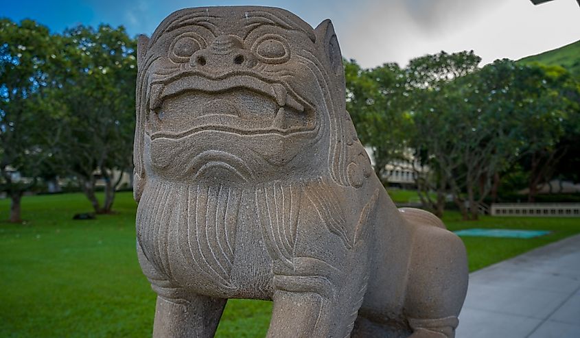 Chinese Granite Statue of a Guardian Lion Statue at the University of Hawaii in Manoa, Oahu