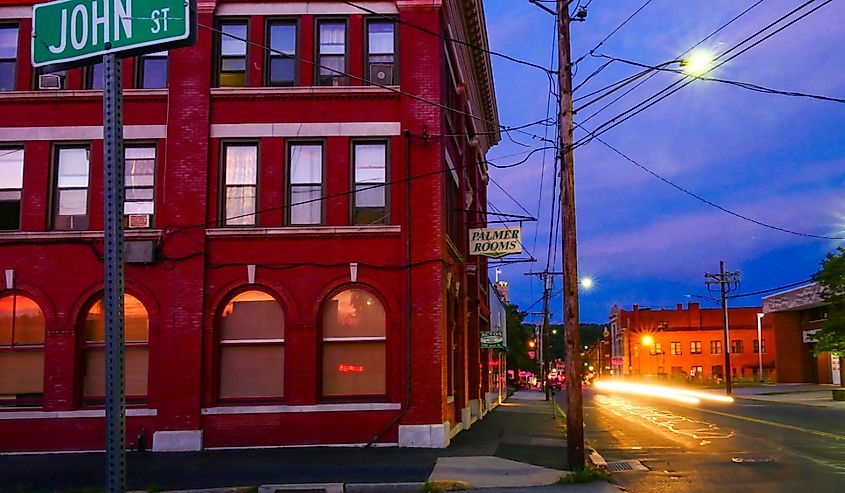 The intersection of Johan and Water Streets at night in Torrington