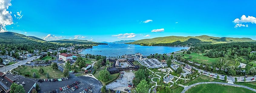 Panoramic aerial view of Lake George New York popular summer vacation destination with colonial wooden fort William Henry