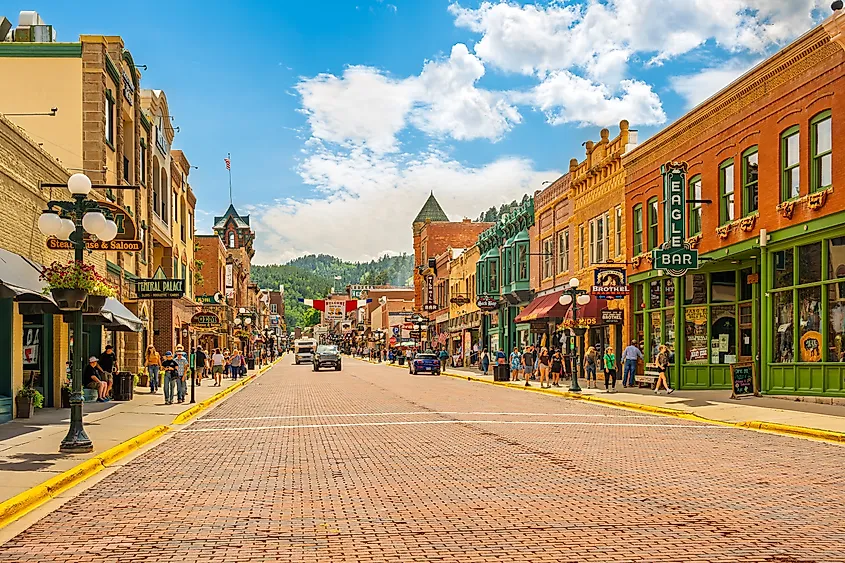 The charming downtown area of Deadwood, South Dakota, with boutique stores and restaurants.