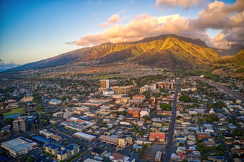 Aerial view of the city of Wailuku on the island of Maui, Hawaii.