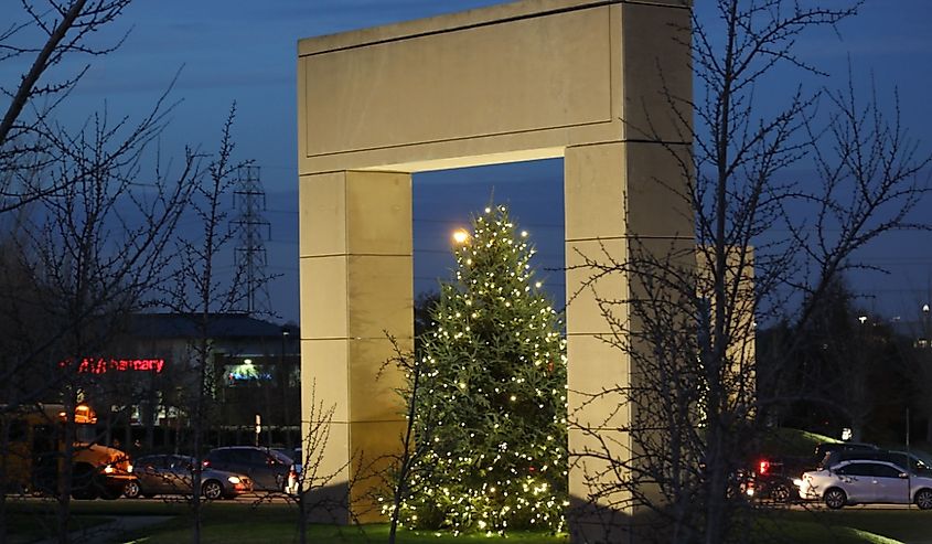 Ballantyne, Charlotte, NC Christmas trees light up the highway for passers by.