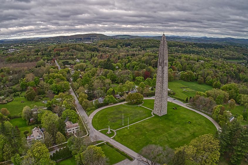 View of the 306 feet tall Bennington Monument obelisk in Bennington, Vermont.