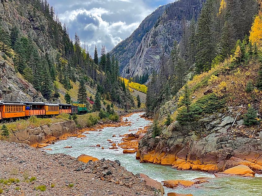 Narrow Gauge Railroad near River in Durango to Silverton Colorado USA.