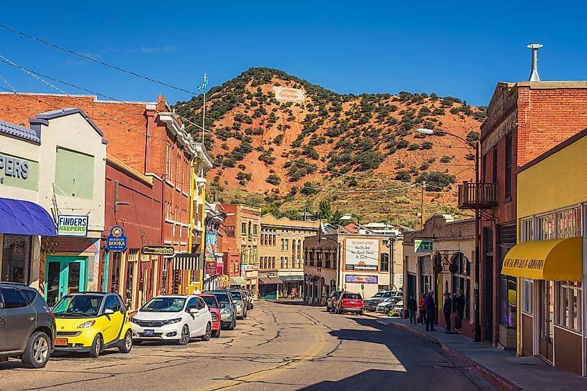 Downtown Bisbee located in the Mule Mountains with the large B on a hill in the background. Editorial credit: Nick Fox / Shutterstock.com