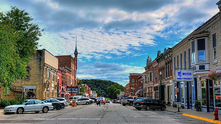 Buildings lined along downtown Elkander in Iowa.