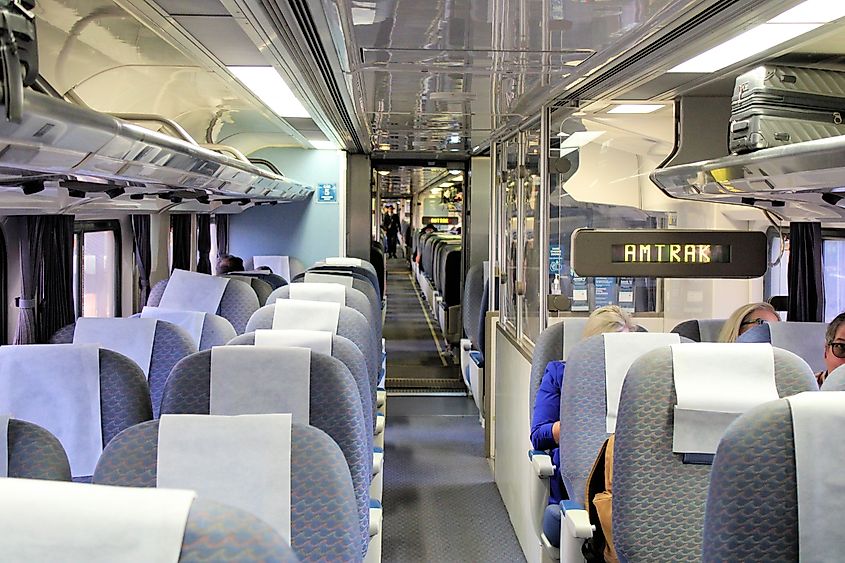 Coach class seats on an Amtrak train.