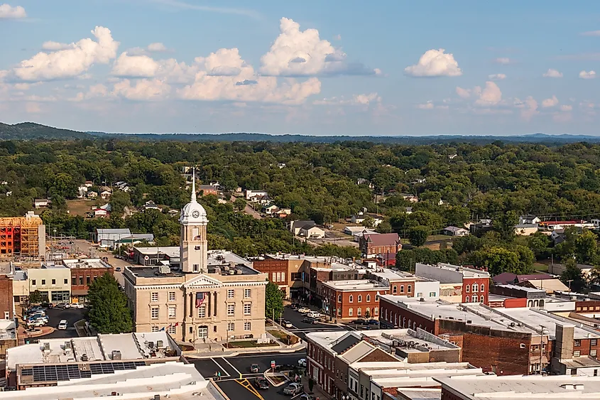 Aerial view of the historic Maury County Courthouse in Columbia, Tennessee.