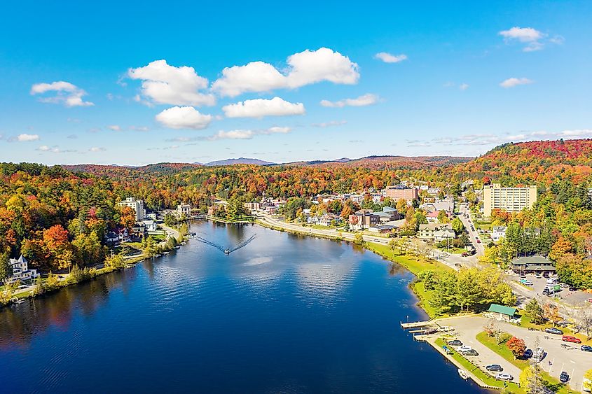 Colorful aerial view of Saranac Lake New York in the Adirondack Mountains