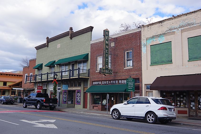 Downtown shops in Bryson City, North Carolina.