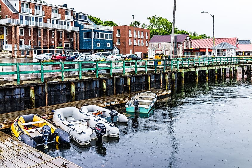 Crowded coastal buildings and marine in Castine, Maine.