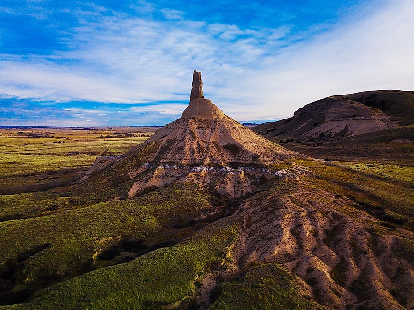 A rare and breathtaking view of the historic Chimney Rock near Bayard, Nebraska.