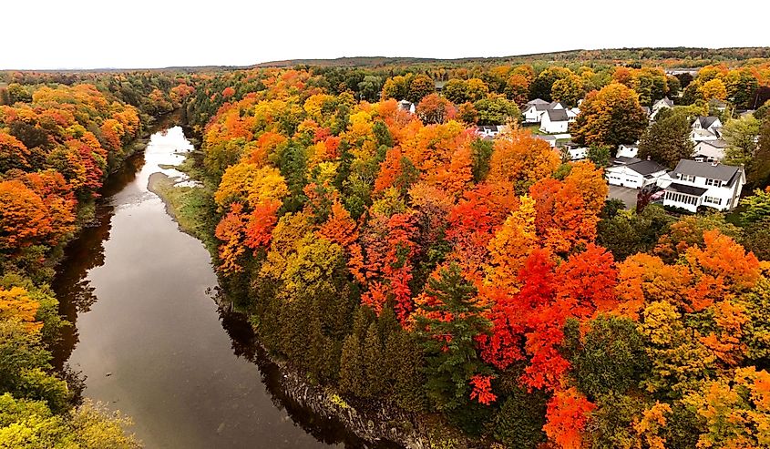 Aerial view of a serene river winding through a vibrant autumn forest. Trees display vivid orange, red, and yellow foliage, with houses nestled nearby.