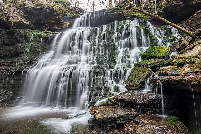 Machine Falls, a secluded 60-foot waterfall in Tullahoma, Tennessee.