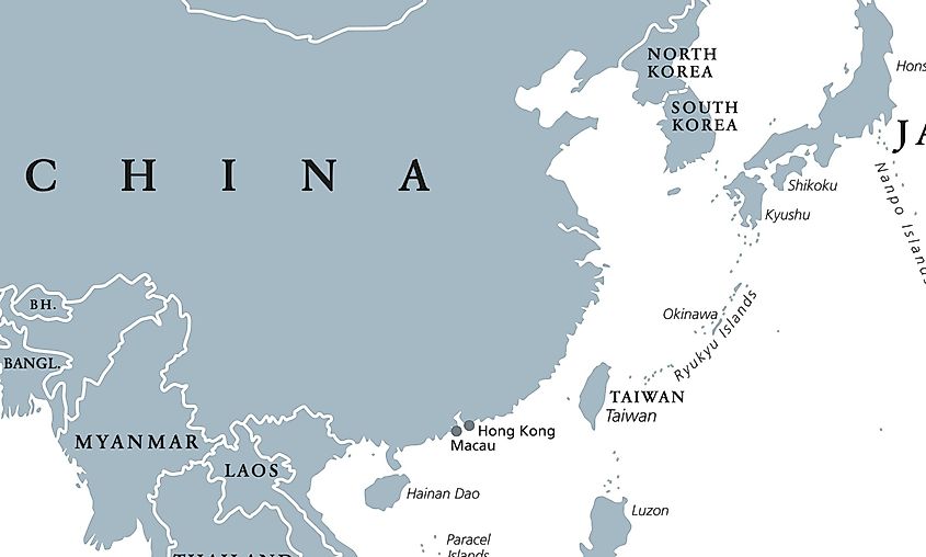 A Map showing China, Macau, Hong Kong, and Taiwan
