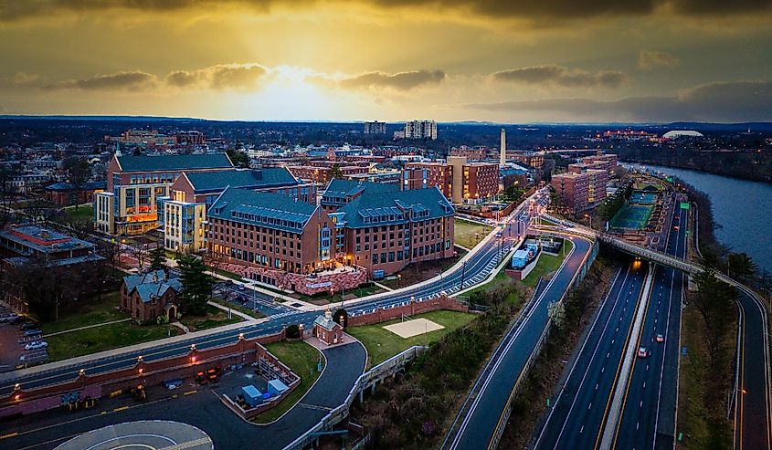 Aerial view of Rutgers in New Brunswick New Jersey Sunset