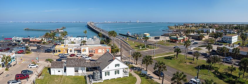 Aerial view of South Padre Island across the Laguna Madre, as seen from Port Isabel, Texas, USA.