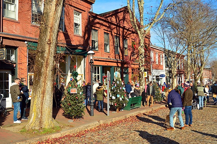 People enjoy walking and shopping in the stores of downtown Nantucket, Massachusetts