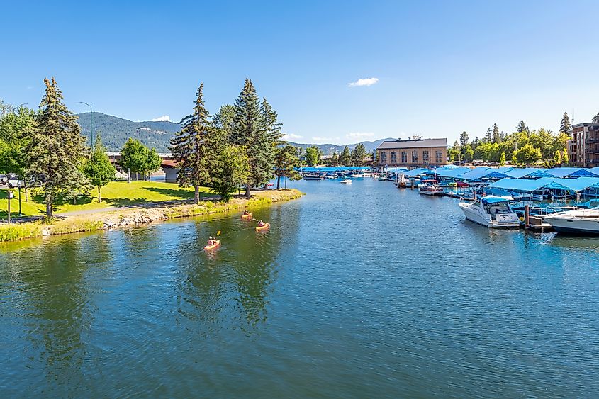 Boats docked along the marina at Lake Pend Oreille in Sandpoint, Idaho.