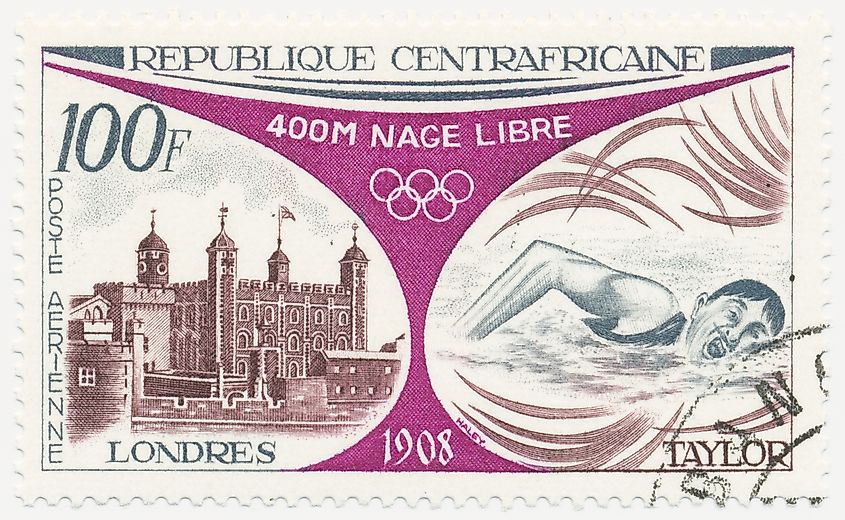 A stamp printed in Central African Republic shows Henry Taylor swimming in London. Image by Solodov Aleksei via Shutterstock.com