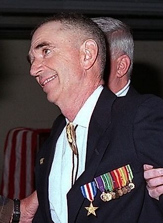 Gunnery Sgt. Hathcock is awarded the Silver Star during a ceremony, 1996. Image from the Public Domain via Wikimedia Commons.