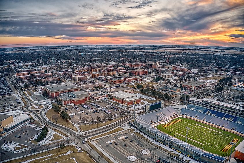 Aerial view of a university at dusk in Brookings, South Dakota.