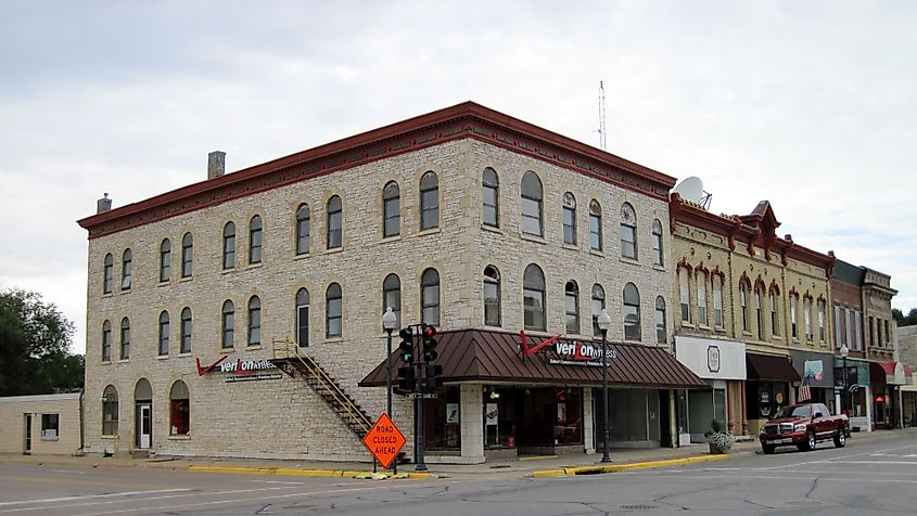 Old commercial buildings in the Main Street Historic District, Charles City, Iowa.