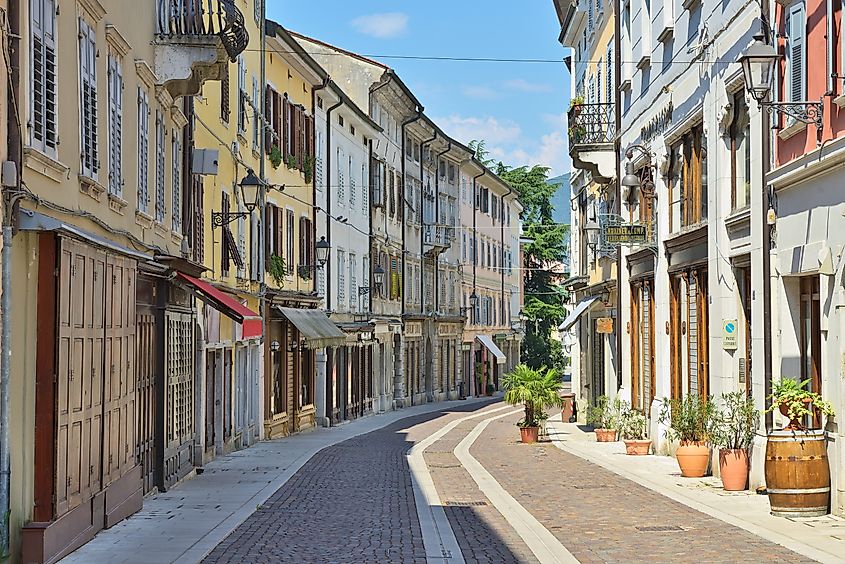 Gorizia, Friuli-Venezia-Giulia, Italy - 09.August 2020 - quaint medieval narrow streets and colorful houses in the old town center.