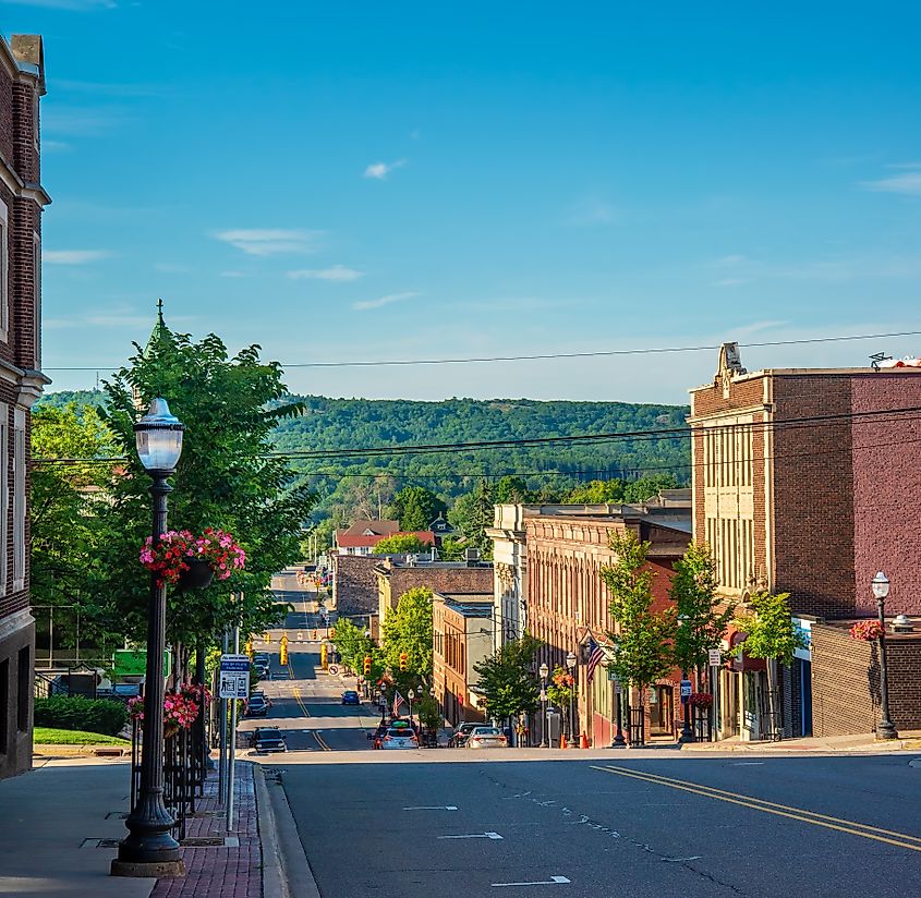 The business district of Marquette, Michigan, located on a hillside along Main Street.