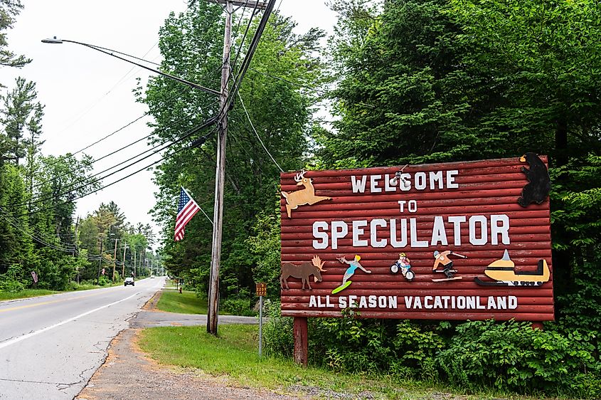 Welcome to Speculator, New York, signage.