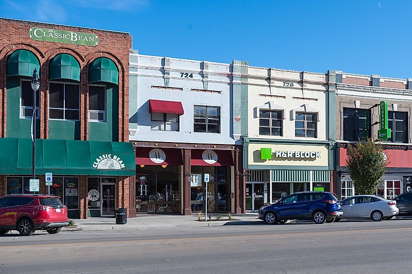 Local businesses in downtown Topeka, Kansas