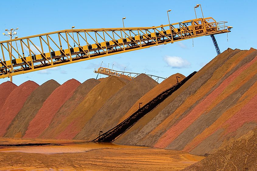 Stock piles of iron ore at port.