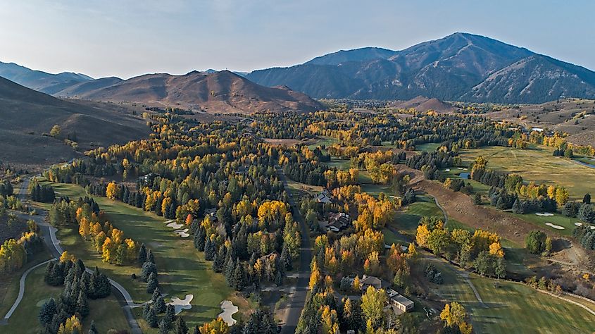 Drone aerial view of Sun Valley, Idaho with beautiful fall colors.