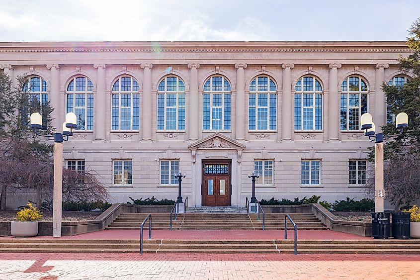 Ellis Library at the University of Missouri in Columbia, Missouri, a large academic building seen on a sunny day