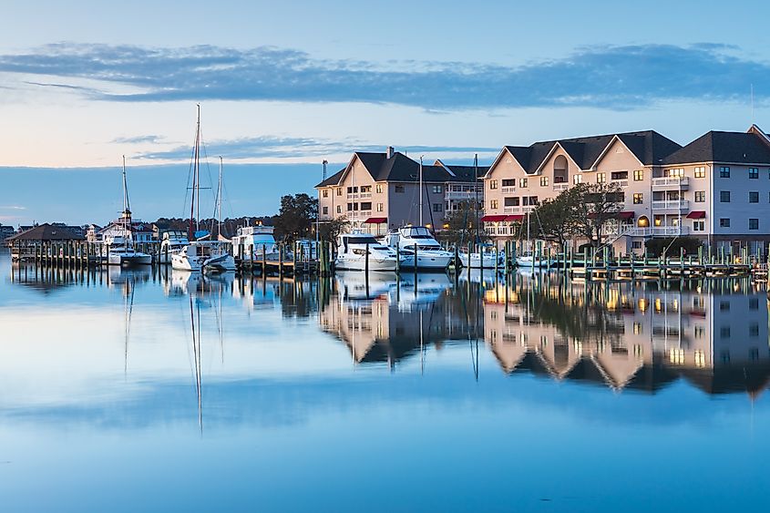 View of Manteo's waterfront marina at daybreak in the Outer Banks of North Carolina.