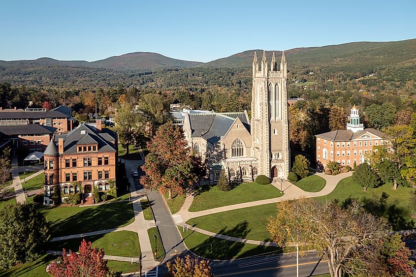 Aerial view of the Thompson Memorial Chapel on the campus of Williams College in Williamstown, MA.