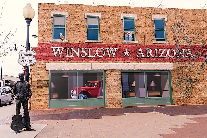 The famous "Standin' on the Corner" spot in Winslow, Arizona, along Historic Route 66.