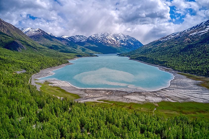 Aerial view of Lake Eklutna in Chugach State Park, Alaska.