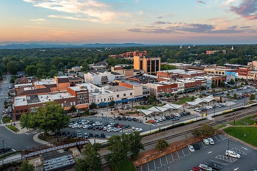 Hickory, North Carolina, aerial view at sunset of Union Square and downtown area. Editorial credit: Jeffery Scott Yount / Shutterstock.com