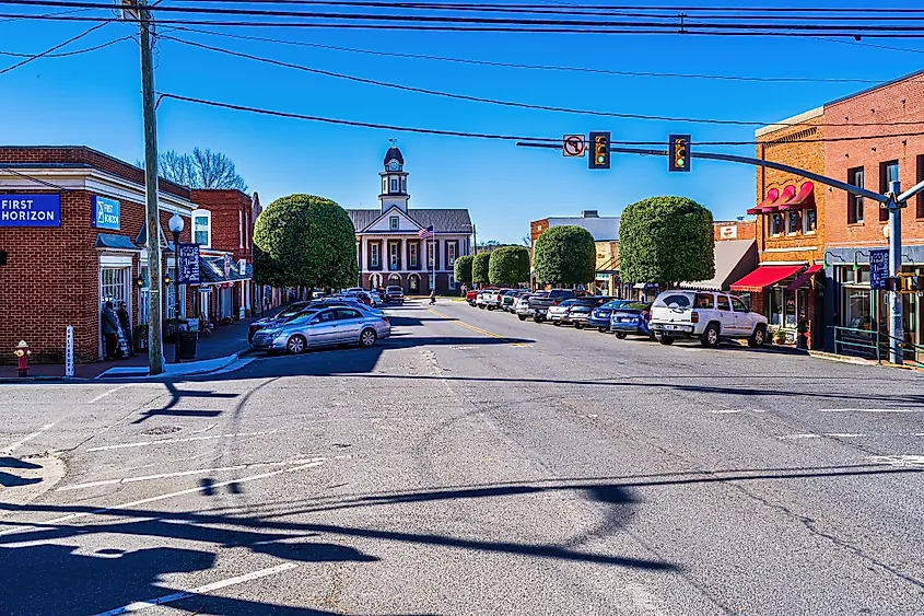 Downtown Pittsboro, North Carolina looking toward the county courthouse.
