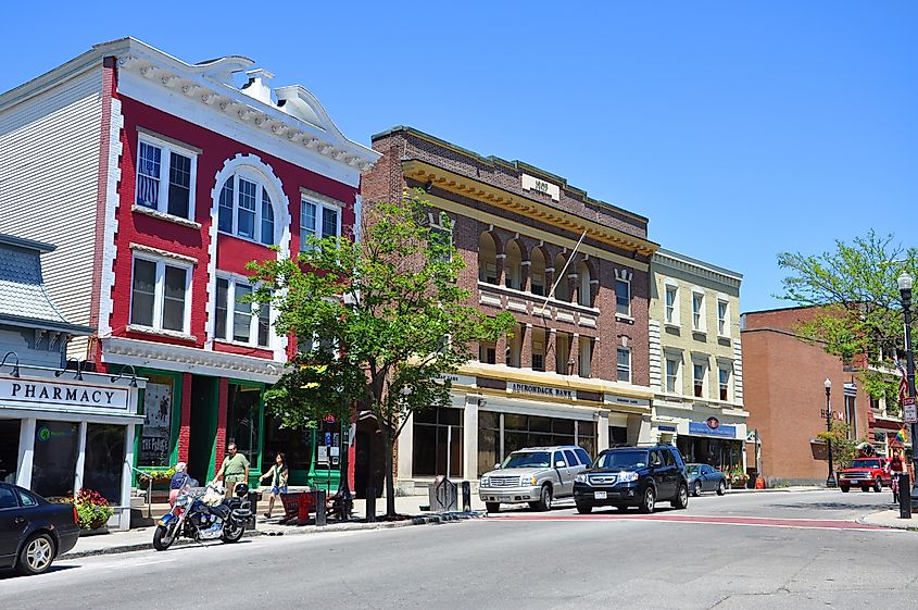 Main Street in village of Saranac Lake in Adirondack Mountains, New York, USA. 