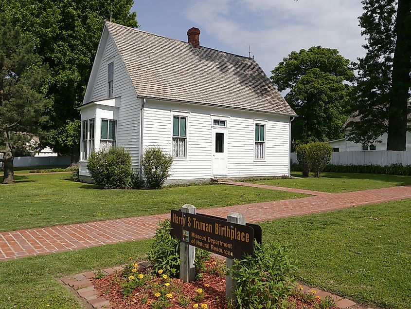 A closeup of President Harry S. Truman's birth home in Lamar, Missouri. Editorial credit: Wirestock Creators / Shutterstock.com