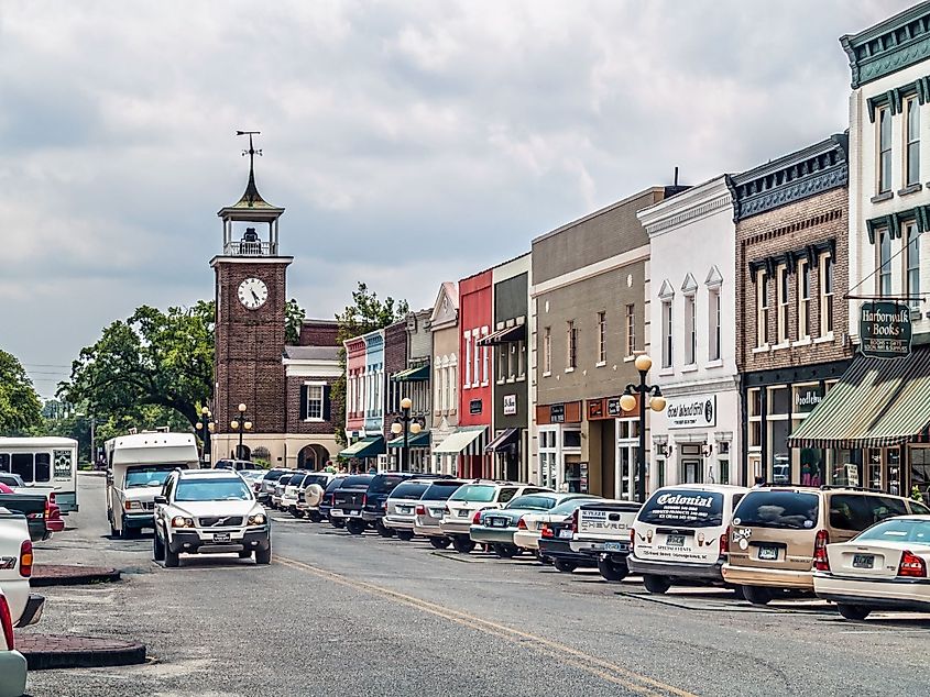 A view looking down Front Street with shops and the Old Market Building in Georgetown, South Carolina.