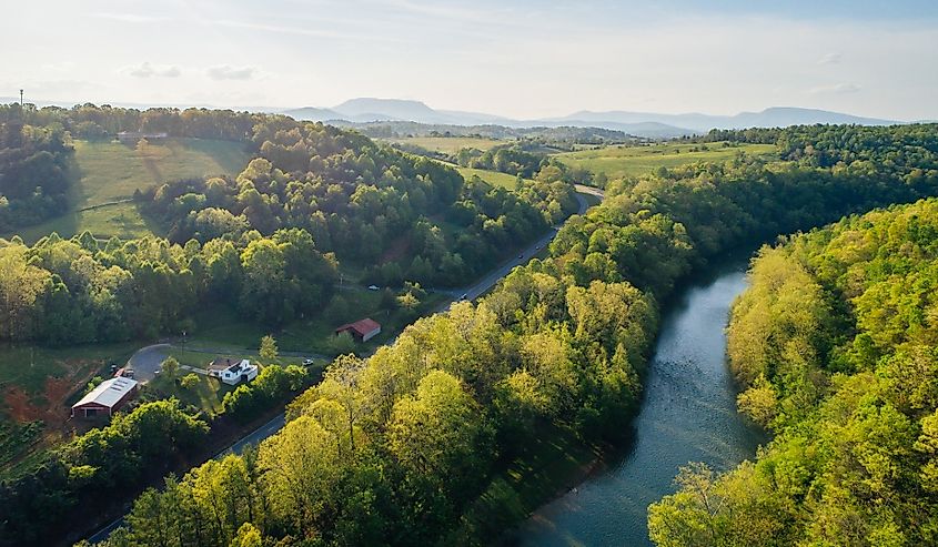 Aerial view of the Maury River and Blue Ridge Mountains, in Buena Vista, Virginia.