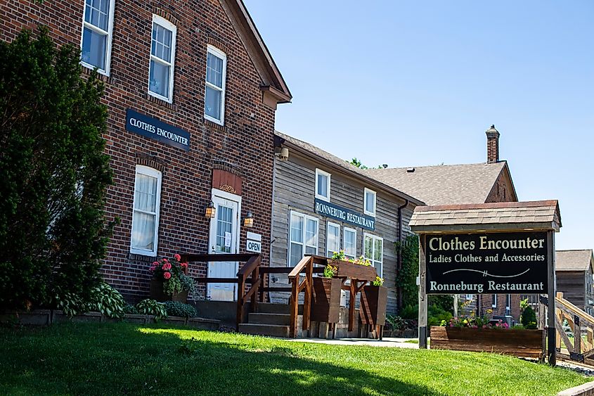 Rustic buildings and stores in the Amana Colonies in Iowa.