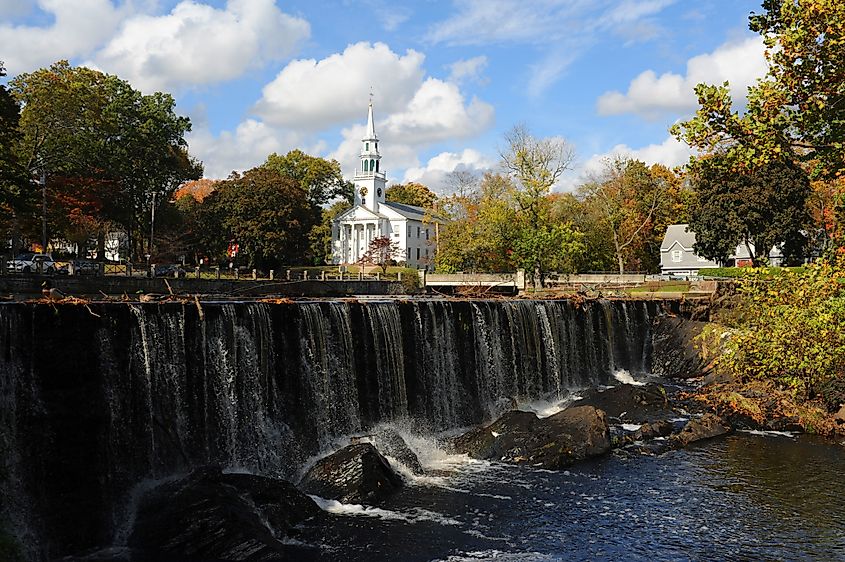 A waterfall and church in Milford, Connecticut.