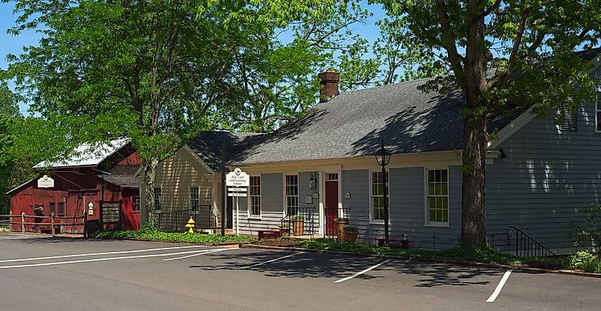 Restored buildings along a brick sidewalk in historic Roscoe Village