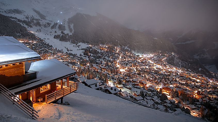 Aerial view of the snowy village of Verbier, Switzerland.
