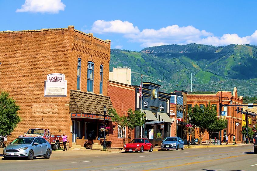 Beautiful brick buildings in downtown Steamboat Springs, Colorado.