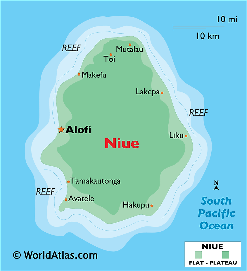 Physical map of Niue showing relief and important settlements.